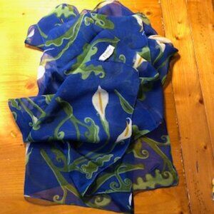 3/$15 Vintage Zazou Oblong Blue Scarf Wrap Calla Lilies Floral Extra Long India